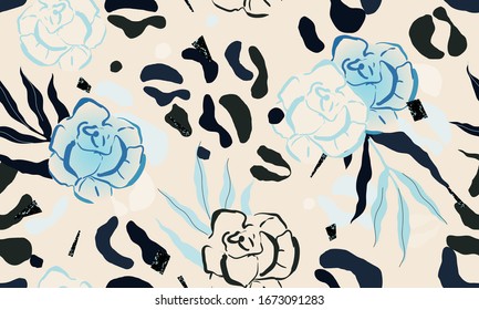 Trendy contemporary floral seamless pattern with leopard print. Fashionable template for design. Soft feminine pastel palette.