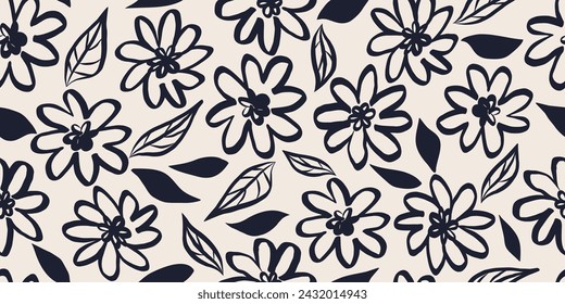 Trendy contemporary floral seamless pattern. Hand drawn brush abstract flowers and leaves. Modern vintage print.