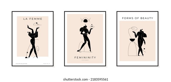 Trendy Contemporary Poster Collection. Minimal Female Silhouette Abstract Woman Body Feminine Geometric Composition. Beauty, Femininity Concept, Prints Set For Wall Art Decor. Vector Illustration