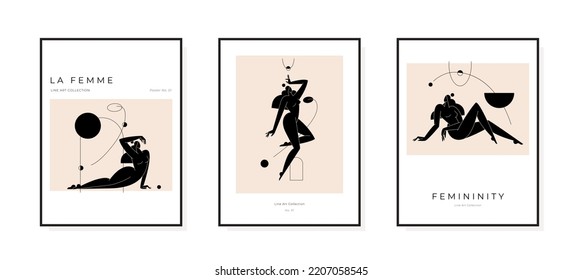 Trendy Contemporary Poster Collection. Minimal Female Silhouette Abstract Woman Body Feminine Geometric Composition. Beauty, Femininity Concept, Prints Set For Wall Art Decor. Vector Illustration