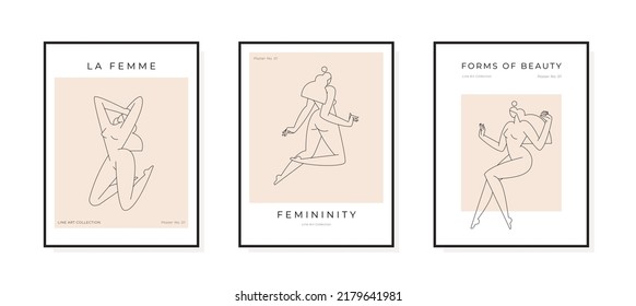 Trendy Contemporary Posters Set. Minimal Female Silhouette Abstract Woman Body Feminine Design. Line Art. Femininity, Mid Century Beauty Concept, Prints Collection For Wall Decor. Vector Illustration