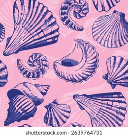 Trendy contemporary printable sea shells seamless pattern. Nautical vector pattern ideas for textile, home decor, banner, template, poster, gift wrapping, rugs and carpet. 