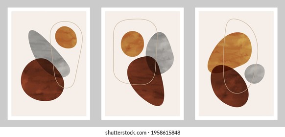 Trendy contemporary set of abstract art, creative minimalist watercolor hand painted compositions for wall decoration, postcard or brochure cover design in vintage style art.  
EPS10 vector.