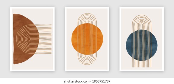 Trendy contemporary set of abstract art, creative minimalist hand painted compositions for wall decoration, postcard or brochure cover design in vintage style art.  
EPS10 vector.
