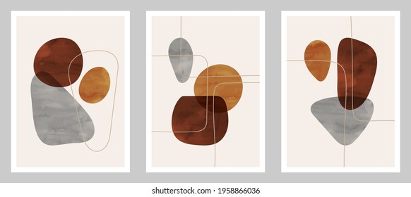 Trendy contemporary set of abstract art, creative minimalist watercolor hand painted compositions for wall decoration, postcard or brochure cover design in vintage style art.  
EPS10 vector.