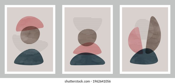 Trendy contemporary set of abstract art, creative minimalist watercolor hand painted compositions for wall decoration, postcard or brochure cover design in vintage style art.  
EPS10 vector.