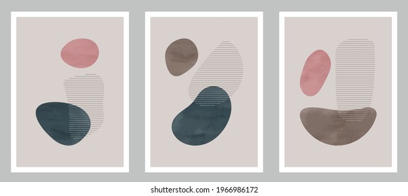 Trendy contemporary set of abstract art, creative minimalist watercolor hand painted compositions for wall decoration, postcard or brochure cover design in vintage style art.  
EPS10 vector.