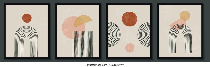 Trendy contemporary set of abstract creative geometric minimalist artistic hand painted composition. Vector posters for wall decor in vintage style