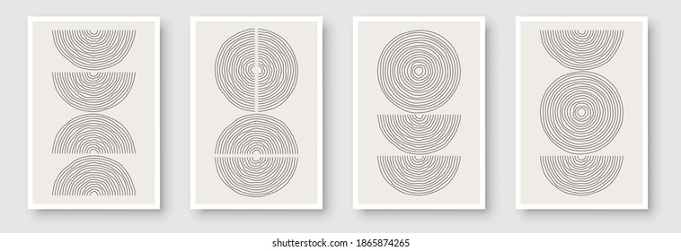 Trendy zeitgenössischer Satz abstrakter kreativer minimalistischer handgemalt Kompositionen für Wanddekoration, Postkarten- oder Broschürendesign in Vintage-Art.  
EPS10-Vektor.