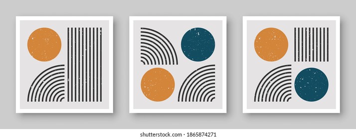 Conjunto contemporáneo y moderno de composiciones abstractas y creativas minimalistas para la decoración de las paredes, el diseño de las tarjetas postales o de los folletos en el arte de estilo vintage.  
Vector EPS10.