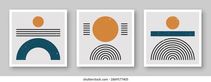 Trendy contemporary set of abstract creative minimalist  compositions for wall decoration, postcard or brochure cover design in vintage style art.  
EPS10 vector.