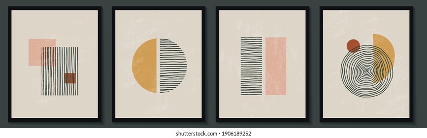 Trendy zeitgenössischer Satz abstrakter kreativer geometrischer minimalistischer künstlerischer handgemalt Komposition. Vektorplakate für Tapeten im Vintage-Stil