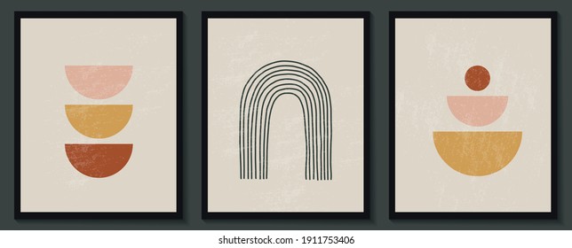 Trendy contemporary set of abstract creative geometric minimalist artistic hand painted composition. Vector posters for wall decor in vintage style