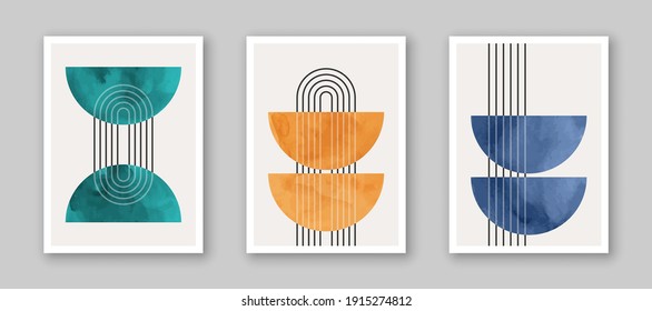 Trendy contemporary set of abstract creative minimalist  compositions for wall decoration, postcard or brochure cover design in vintage style art.  
EPS10 vector.