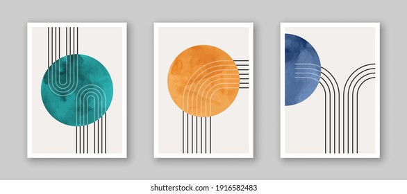 Trendy contemporary set of abstract creative minimalist  compositions for wall decoration, postcard or brochure cover design in vintage style art.  
EPS10 vector.