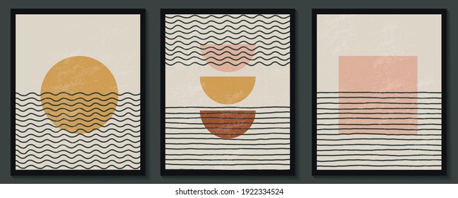Trendy contemporary set of abstract creative geometric minimalist artistic hand painted composition. Vector posters for wall decor in vintage style