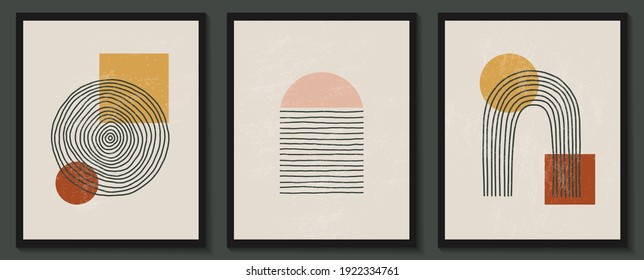 Trendy contemporary set of abstract creative geometric minimalist artistic hand painted composition. Vector posters for wall decor in vintage style