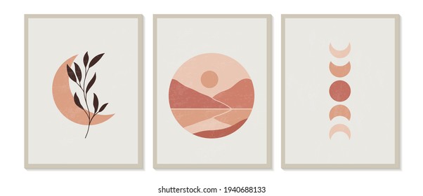 Trendy contemporary set of abstract creative geometric minimalist artistic hand painted mountain landscapes composition, moon phases and floral. Vector posters for wall decor in vintage style