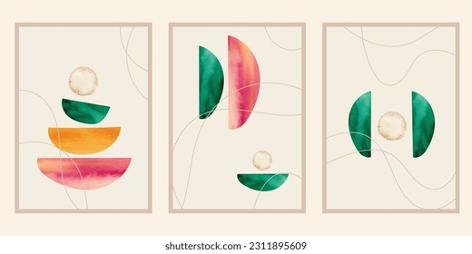 Conjunto contemporáneo de moda de composición artística artística abstracta geométrica y geométrica con mano pintada. Afiches vectoriales para la decoración de paredes en estilo vintage