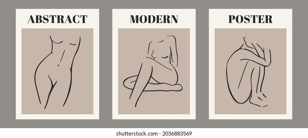 Trendy contemporary set of abstract matisse geometric minimalist artistic hand painted woman silhouette composition. Vector posters for wall decor in mid century modern style