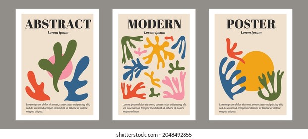 Trendy contemporary set of abstract matisse geometric minimalist artistic hand painted algae silhouette composition. Vector posters for wall decor in mid century modern style