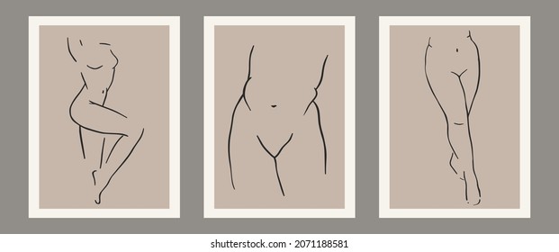 Trendy contemporary set of abstract matisse geometric minimalist artistic hand painted woman silhouette composition. Vector posters for wall decor in mid century modern style
