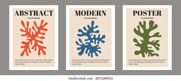 Trendy contemporary set of abstract matisse geometric minimalist artistic hand painted algae silhouette composition. Vector posters for wall decor in mid century modern style