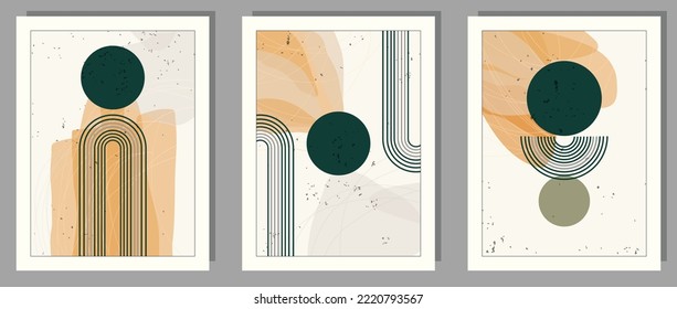 Trendy contemporary set of abstract pine green geometric minimalist artistic composition. Vector posters for wall decor in retro style