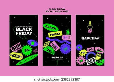 Trendy zeitgenössischer Sticker-Stil mit spielerischer Claw-Maschine Black Friday Promotion-Design-Vorlage in einem Set für Banner, Feed, Hintergrund und Werbung