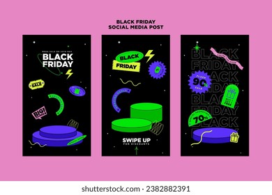 Estilo de sticker contemporáneo a la moda con la juguetona plantilla de tema de promoción del Black Friday en un conjunto para banner, feed, fondo y anuncios