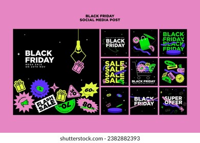 Trendy contemporary sticker style with playful Claw machine Black Friday promotion theme template in a set for banner, feed, background and ads