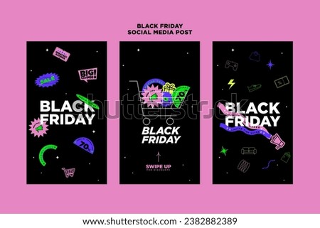 Trendy contemporary sticker style with playful Black Friday promotion theme template in a set for banner, feed, background and ads