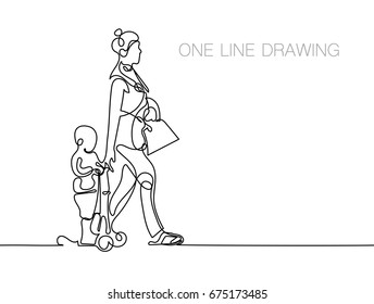 trendy continuous line black and white drawing in minimalistic style, the boy is riding a scooter, his mother is walking beside him and holding his hand, lineart vector illustration