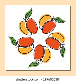 Trendy continuous one line drawing of apricot in flower shape.Square template with hand drawn fruits wreath in cartoon stile for modern wall decor,posters,other designs.Vector illustration.