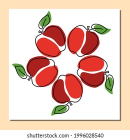 Trendy continuous one line drawing of apples in flower shape.Square template with hand drawn fruits wreath in cartoon stile for modern wall decor,posters,other designs.Vector illustration.