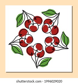 Trendy continuous one line drawing of ripe cherries in flower shape.Square template with hand drawn fruits wreath in cartoon stile for modern wall decor,posters,other designs.Vector illustration.