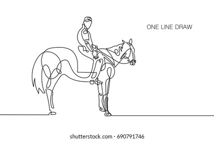 trendy continuous one line rider on horseback drawing isolated on white background, minimalism style vector illustration