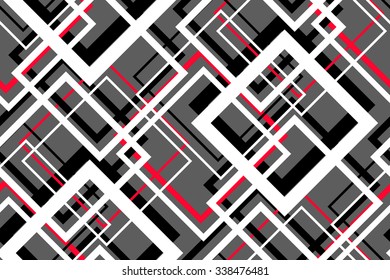 Trendy contrast geometric seamless pattern. Vector line design fashion textile, fabric print, website template. Abstract background of white, red, black squares on grey. Vector contrast graphic image