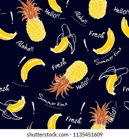 Trendy  contrasty Pineapple and  banana hand drawn sketch ,greeting Aloha fresh ,summer time ,seamless pattern for fashion and all fabric on navy blue background color.