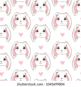 Trendy cool illustration vector pattern seamless, cute rabbit sketch vector illustration pattern seamless, hand drawn bunny 