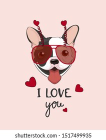 
Trendy cool love poster. Cute puppy smile with hearts and quote I love you. French Bulldog black and white. Valentine's Day.Postcard, recognition, valentine. Vector illustration. Pink background.Flat