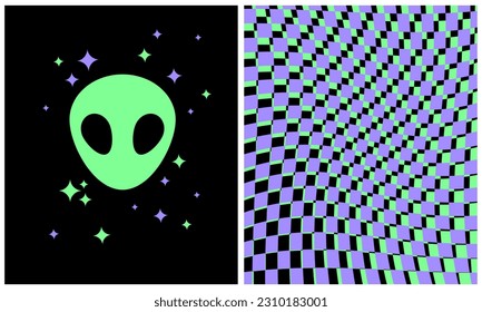 Trendy Cool Print with Neon Green Alien Head Isolated on a Black Background. Simple Y2K Style Abstract Doodle Design. Vibrant Rgb Colors. Geometric Vector Print with Abstract Wavy Chessboard. 