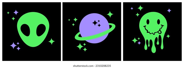 Trendy Cool Print with Neon Green Melting Emoticon, Alien Head and Saturn Planet Isolated on a Black Background. Simple Y2K Style Abstract Doodle Design. Vibrant Rgb Colors. Modern 90's Style Poster.