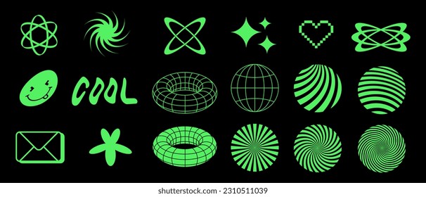 Trendy Cool Print with Neon Green  Abstract Icons, Sphere, Emoticon, Heart, Mail Icon on a Black Background. Simple Y2K Style Abstract Doodle Design.Vibrant Rgb Colors.Modern 90's Style Icons.