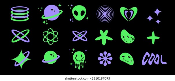 Trendy Cool Print with Neon Green-Violet Abstract Icons, Alien Head, Planet, Melting Emoticon on a Black Background. Simple Y2K Style Abstract Doodle Design.Vibrant Rgb Colors.Modern 90's Style Icons.