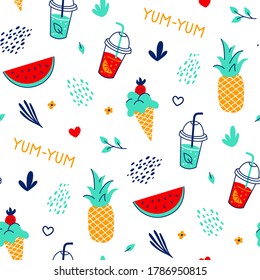 Trendy cool seamless pattern with ice cream, cocktails, watermelon and pineapple. Bright funny vector summer food elements. Background or texture for gift paper, wallpaper, fabric, textile, cover.