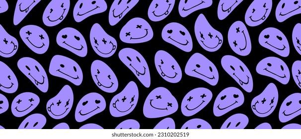 Trendy Cool Seamless Vector Pattern with Bright Violet Twisted Emoticons Isolated on a Black Background. Simple Y2K Style Abstract Doodles Repeatable Design with Smiling Faces. Vibrant Rgb Colors.