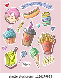 Trendy cool set of fast food patch badges in pop art style. Vector collection of hand drawn stickers and pins with meal