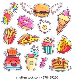 Trendy cool set of fast food patch badges in pop art style. Vector collection of hand drawn stickers and pins with meal