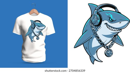 Trendy Cool Shark Vector Illustration Wearing Headphones and Chain – Energetic Urban Marine Character Perfect for Stylish T-Shirt Prints, Youth Streetwear, Music-Themed Apparel, Ocean